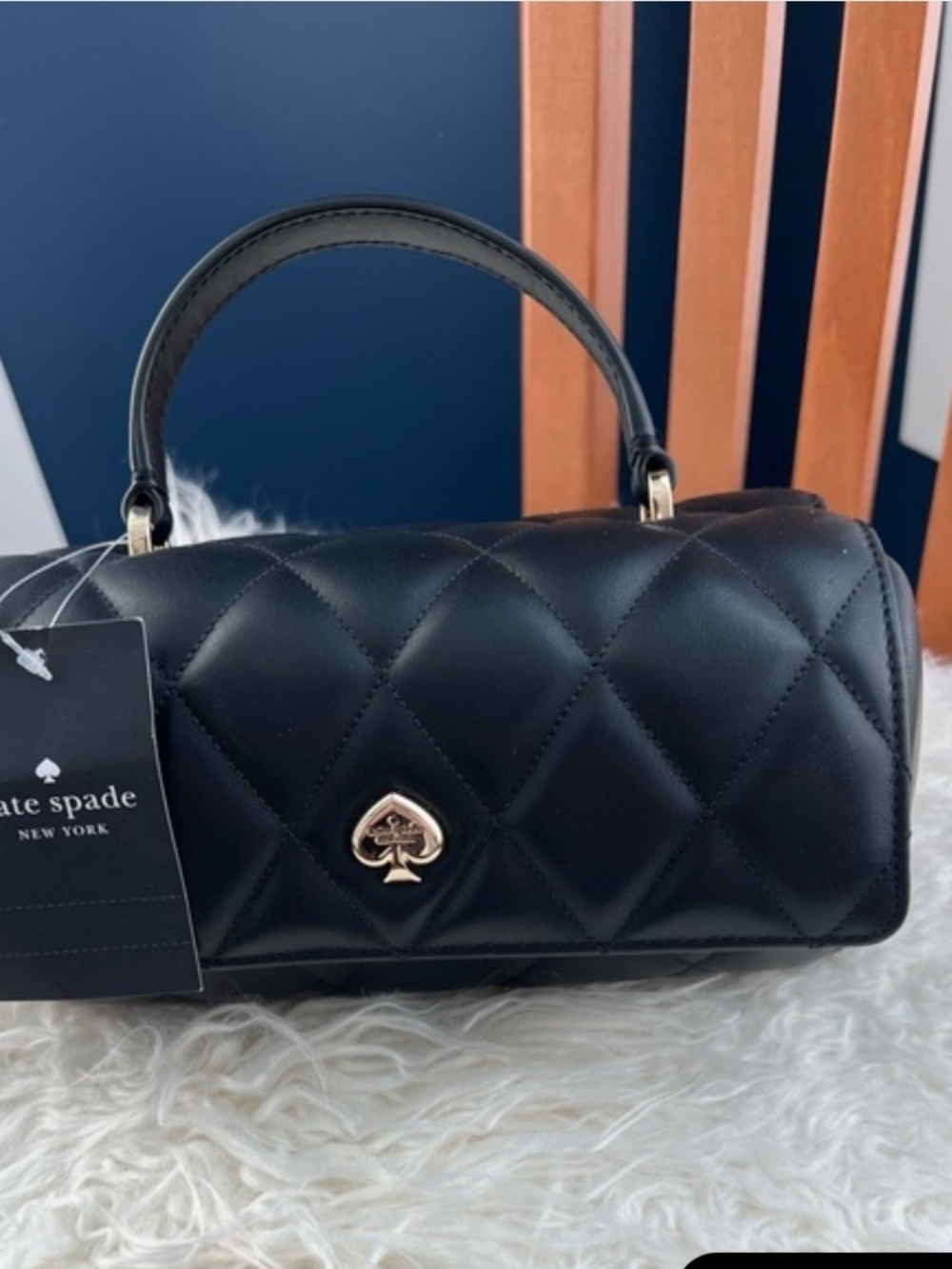 kate spade Black Quilted Mini Top-Handle Bag with Gold Spade Accent